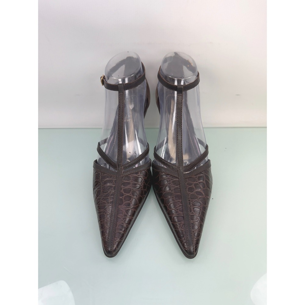 Lauren Ralph Lauren Brown Croc Embossed T Strap Kitten Heels Pointed Toe 8.5 y2k - Picture 3 of 11